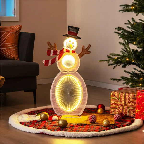 Christmas decoration lighted snowman with 105 LED lights and metal stand indoors near Christmas tree and gifts