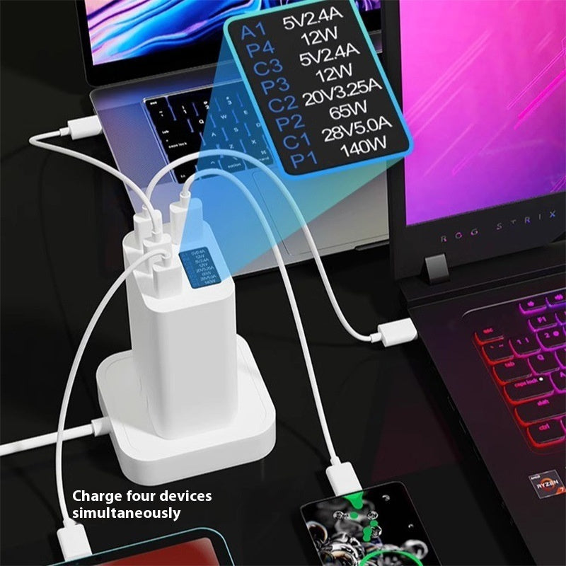 Portable fast charge charger with color screen and 4 USB ports charging multiple devices simultaneously