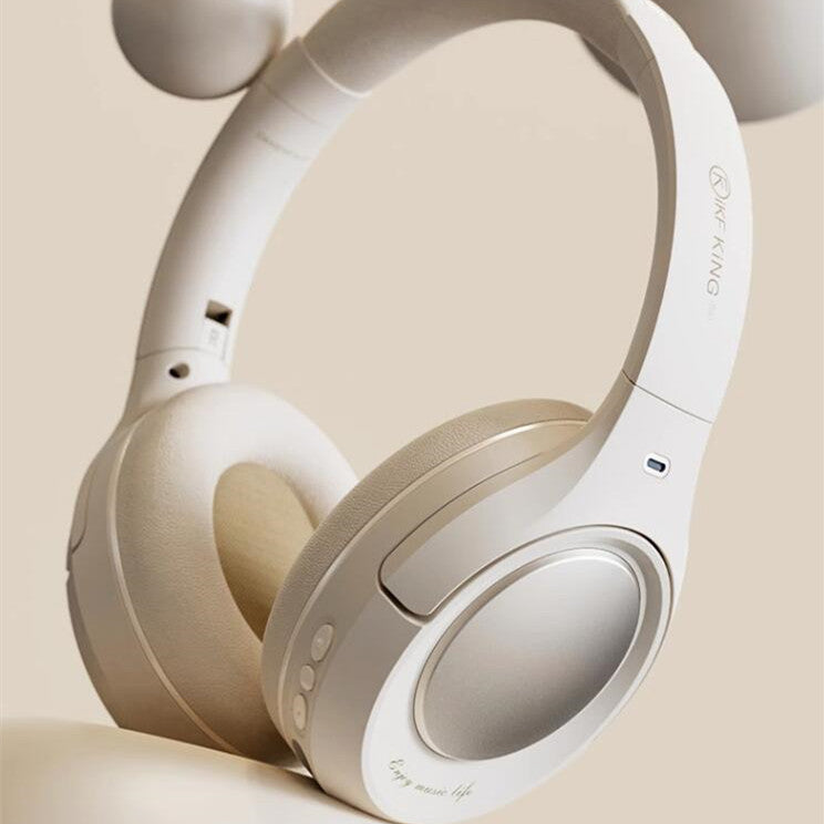 Wireless Bluetooth headset with metal earphones in light cloud white featuring ANC noise reduction and long battery life