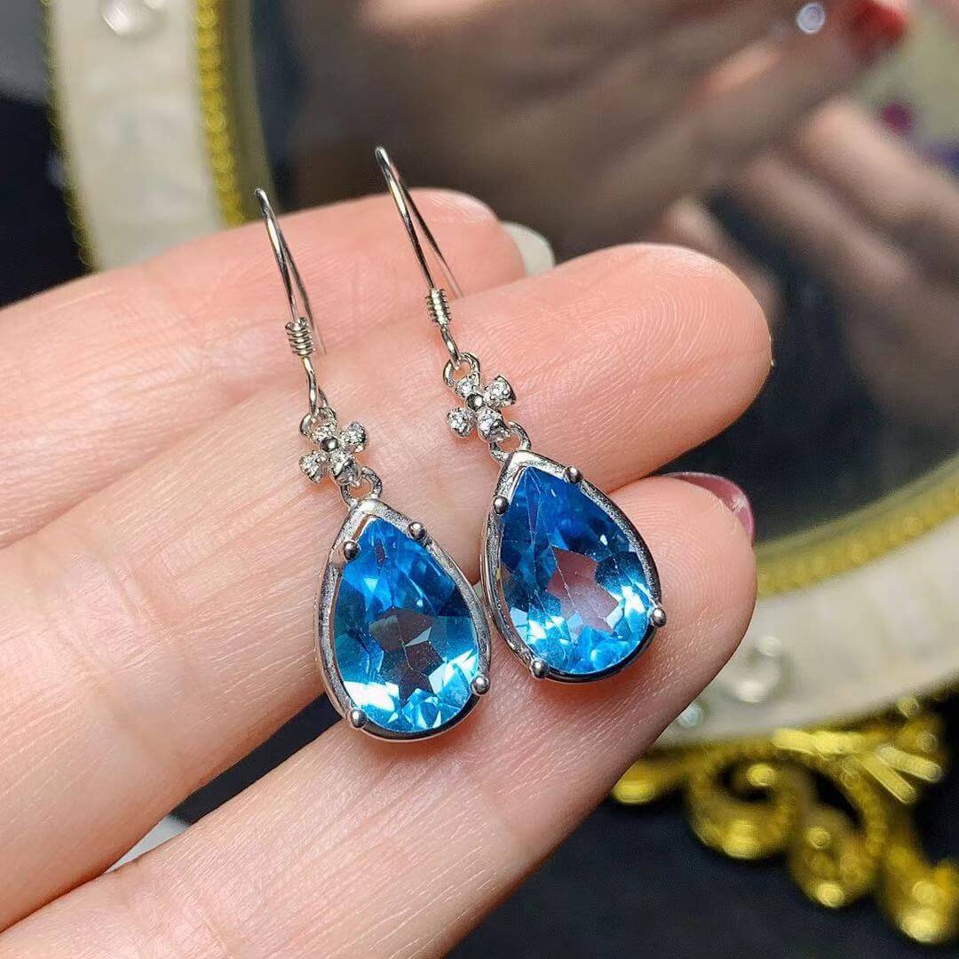 Fashion natural blue topaz earrings with white gold plated 925 silver and colorful gemstone inlay