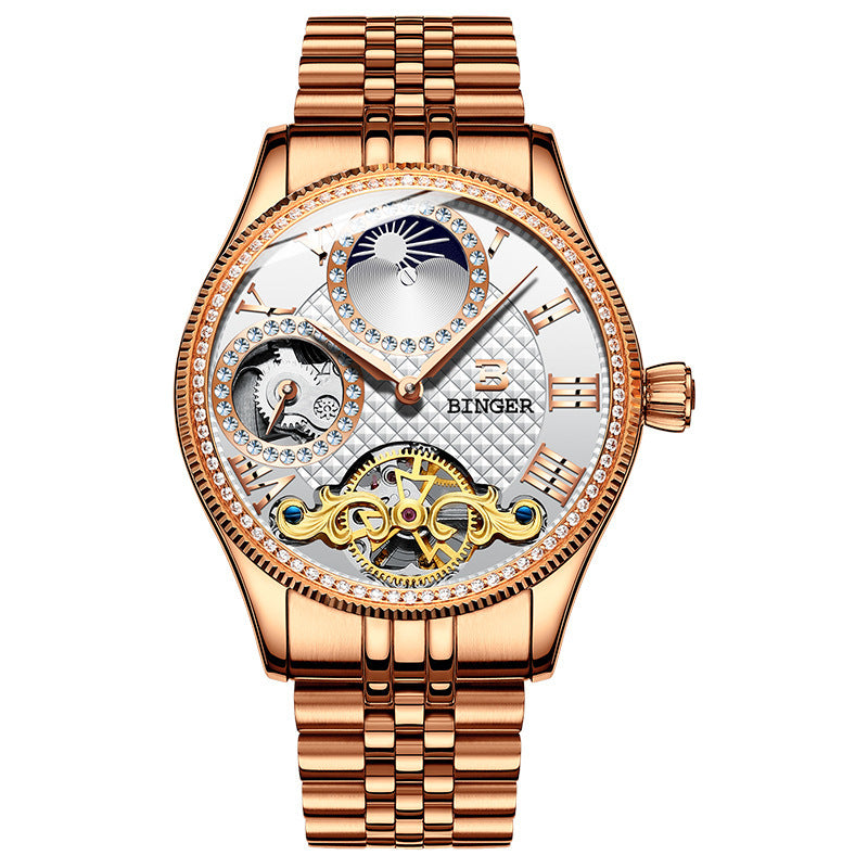 Men's automatic mechanical skeleton watch with rose gold stainless steel band and diamond accents