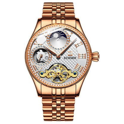 Men's automatic mechanical skeleton watch with rose gold stainless steel band and diamond accents