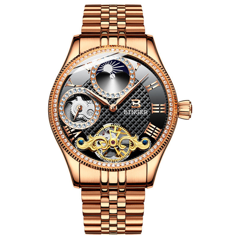 Men's automatic mechanical skeleton watch with rose gold stainless steel band and black dial, waterproof design