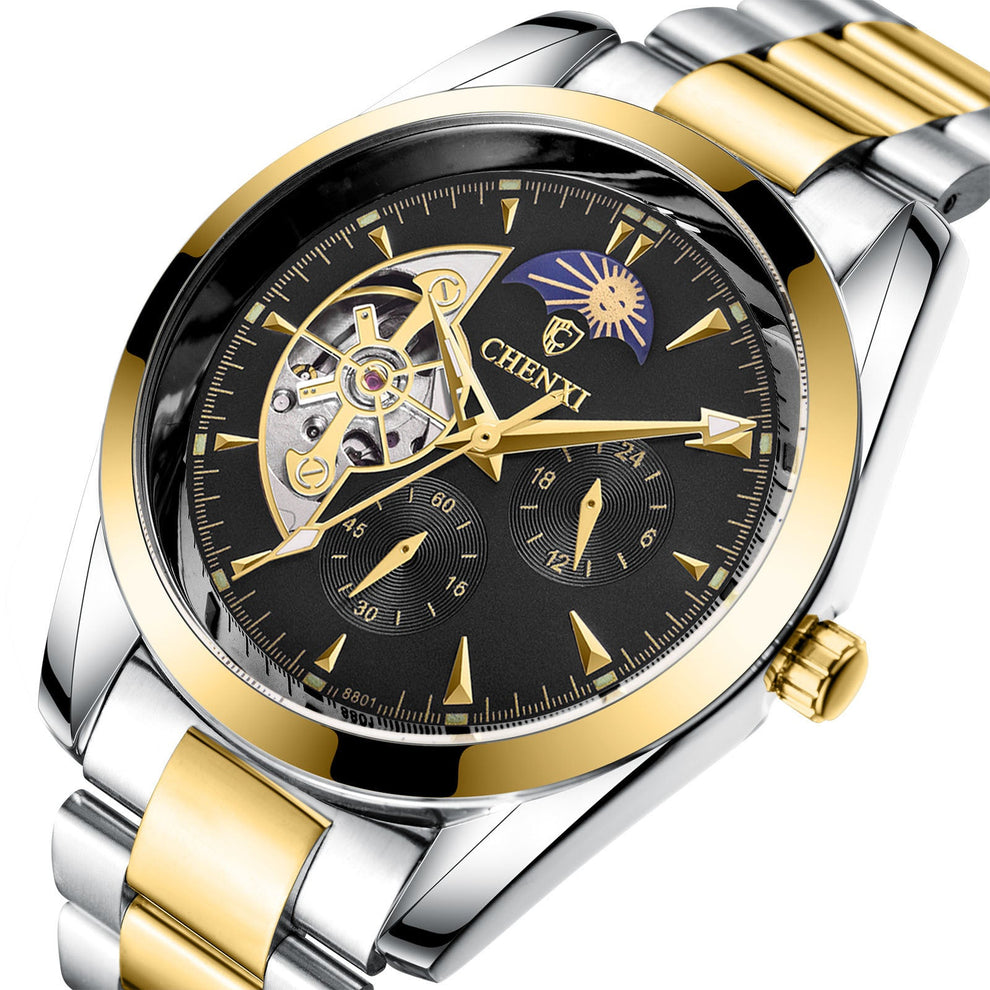 Men's business mechanical watch with gold and silver stainless steel band, black dial, luminous hands, moon phase, 24-hour indicator, and quartz movement