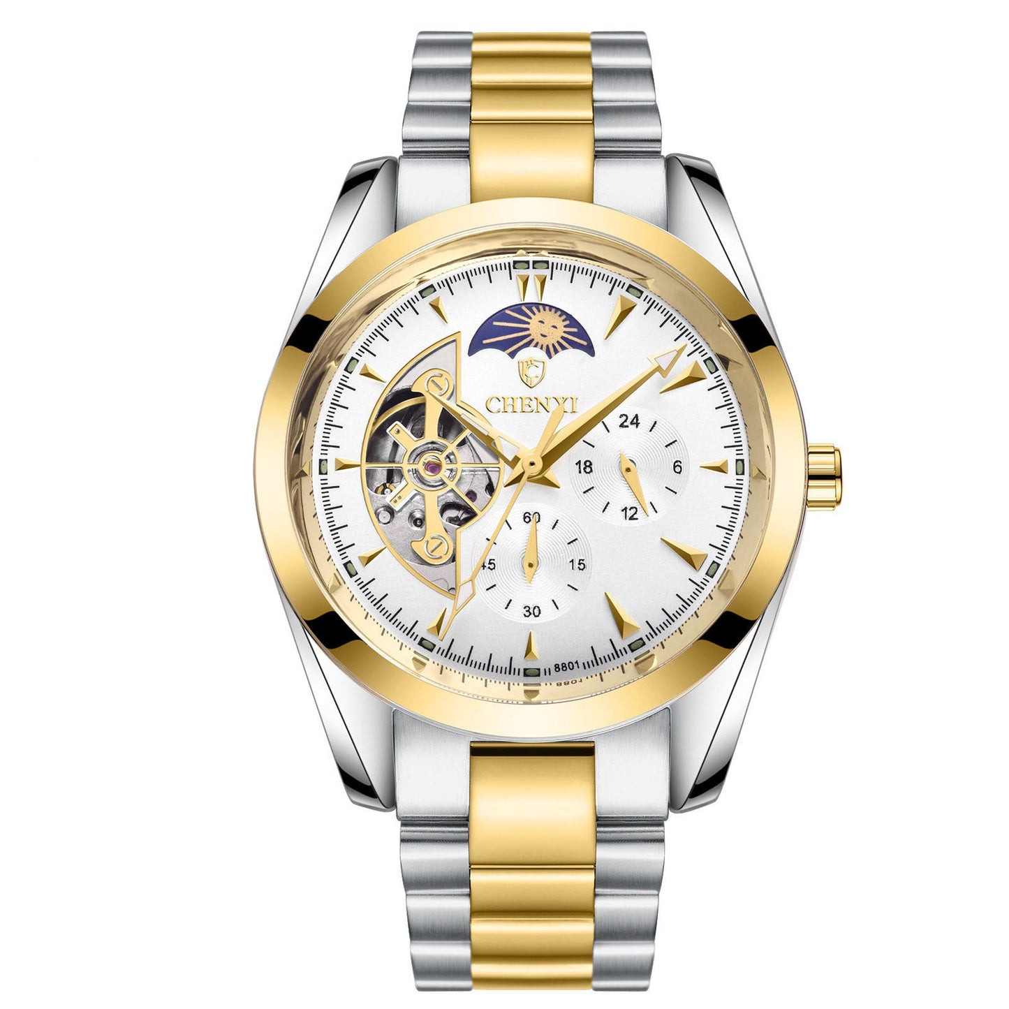 Men's business mechanical watch with gold and silver stainless steel strap, round dial, luminous hands, moon phase display, and 30M water resistance