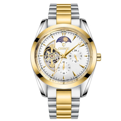 Men's business mechanical watch with gold and silver stainless steel strap, round dial, luminous hands, moon phase display, and 30M water resistance