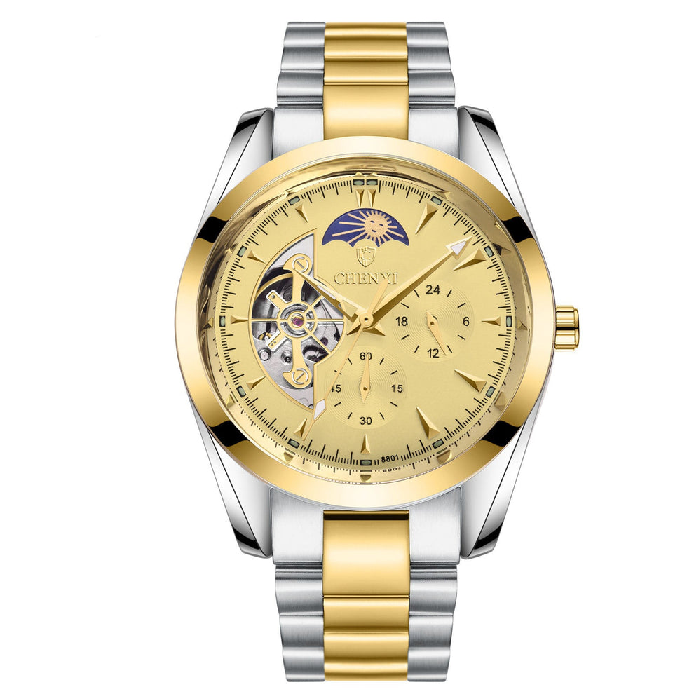 Men's business mechanical watch with gold and silver stainless steel strap, luminous hands, moon phase display, and 30M waterproof quartz movement