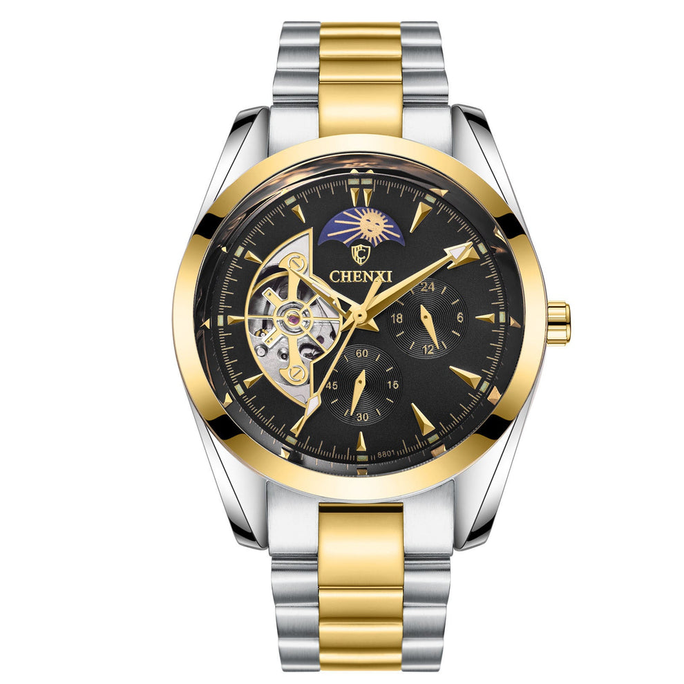 Men's business mechanical watch with gold and silver stainless steel band, black dial, luminous hands, moon phase display, and 24-hour indication