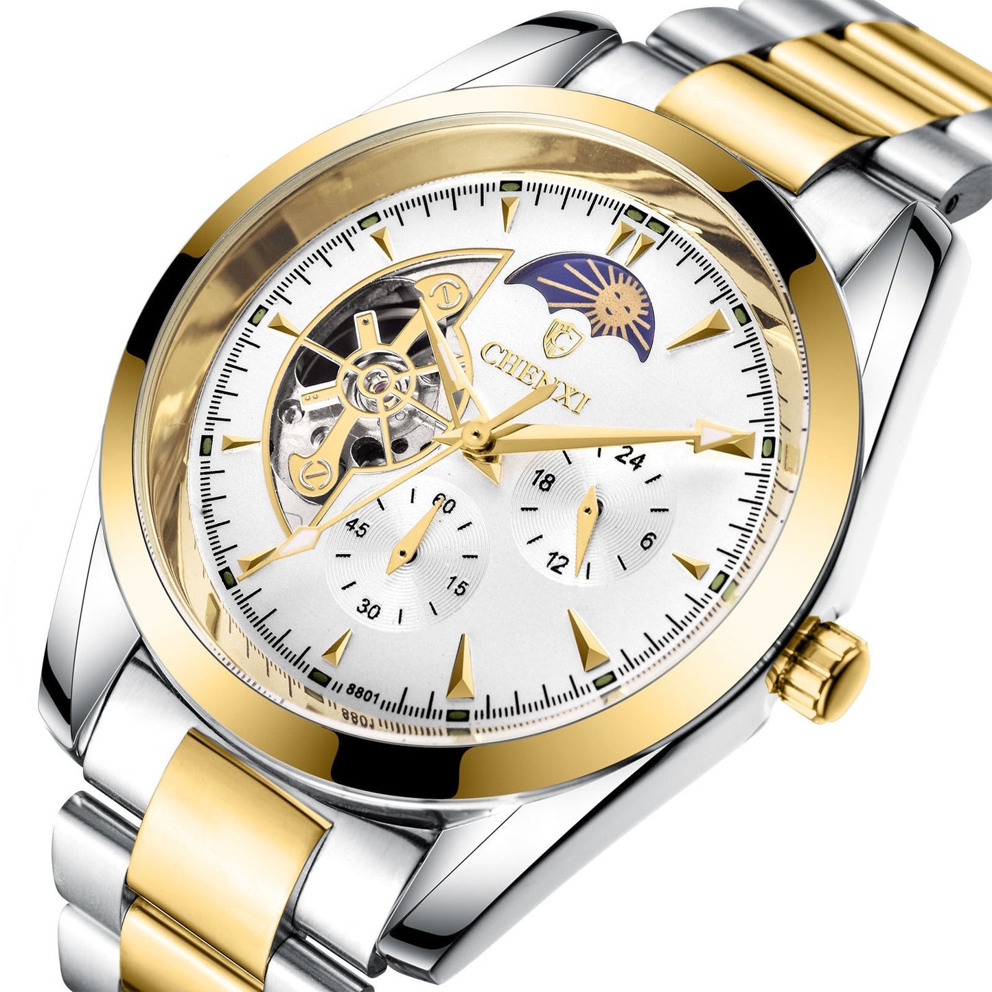 Men's business mechanical watch with gold and silver stainless steel band, moon phase, luminous hands, and quartz movement