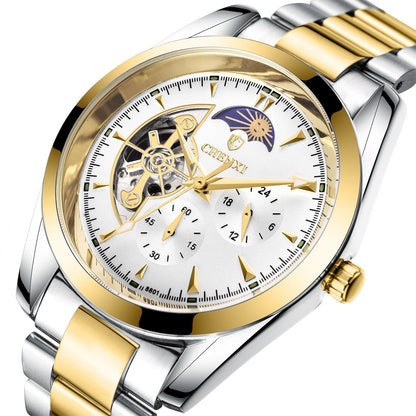 Men's business mechanical watch with gold and silver stainless steel band, moon phase, luminous hands, and quartz movement