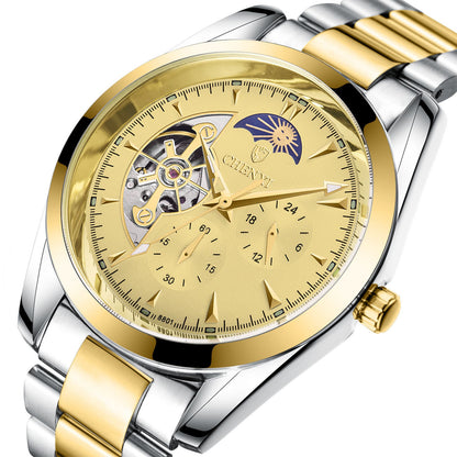 Men's business mechanical watch with gold and silver stainless steel band, luminous hands, moon phase display, 24-hour indication, quartz movement, and 30M water resistance.