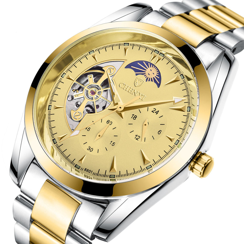 Men's business mechanical watch with gold and silver stainless steel band, luminous hands, moon phase display, 24-hour indication, quartz movement, and 30M water resistance.