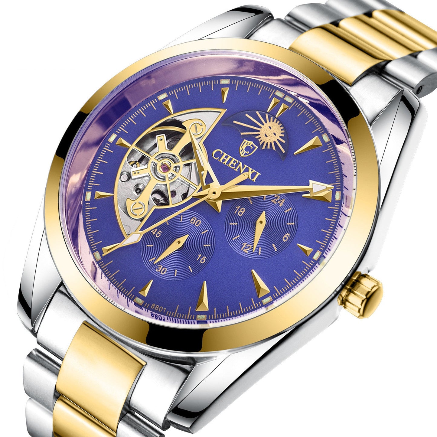 Men's business mechanical watch with blue dial, gold and silver stainless steel strap, moon phase and 24-hour display, quartz movement, and luminous hands