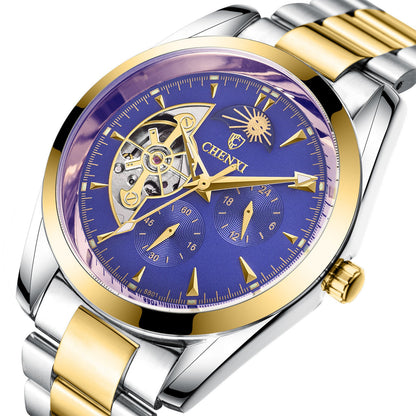 Men's business mechanical watch with blue dial, gold and silver stainless steel strap, moon phase and 24-hour display, quartz movement, and luminous hands