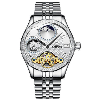 Men's automatic mechanical skeleton watch with stainless steel strap and waterproof design