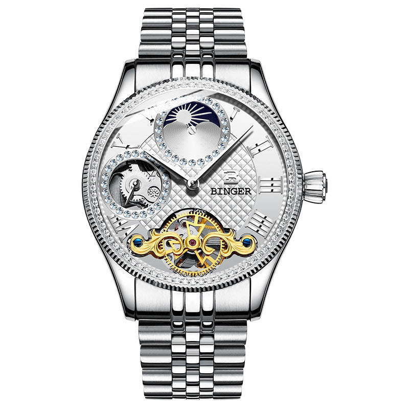 Men's automatic mechanical skeleton watch with stainless steel strap and waterproof design