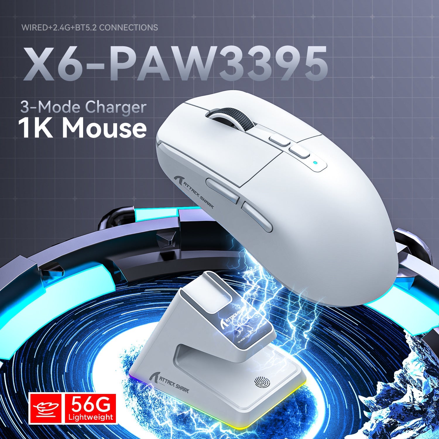 X6 Lightweight PAW3395 wireless Bluetooth gaming mouse with RGB charging dock white