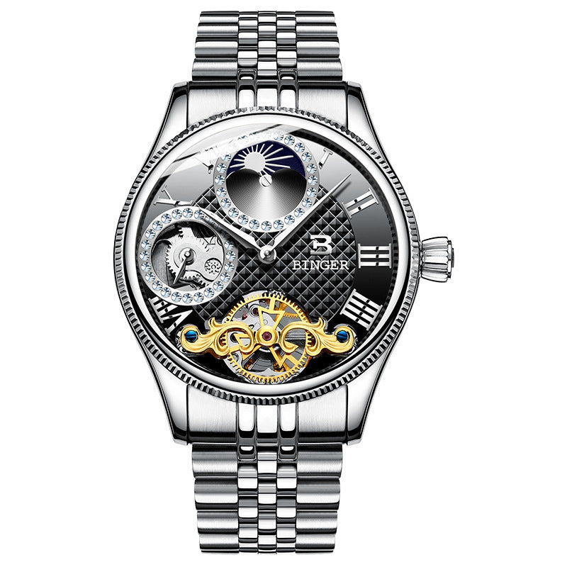 Men's automatic mechanical skeleton watch with stainless steel band and black dial