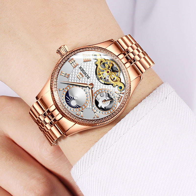Men's automatic mechanical skeleton watch with rose gold stainless steel band and sapphire crystal dial
