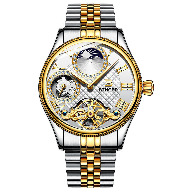 Men's automatic mechanical skeleton watch with stainless steel two-tone band and sapphire crystal dial