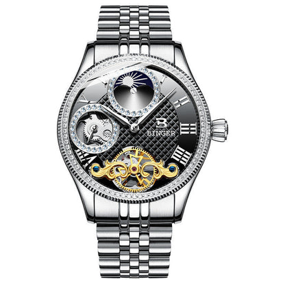 Men's automatic mechanical skeleton watch with stainless steel band and sapphire crystal glass, waterproof design
