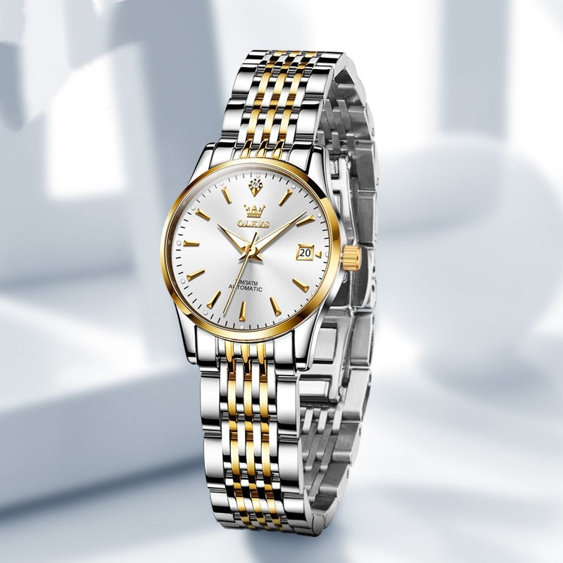 Elegant women's automatic mechanical watch with slim 11.5mm case, white dial, and two-tone stainless steel bracelet