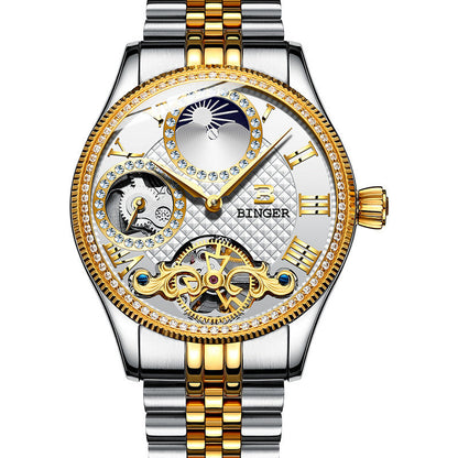 Men's automatic mechanical skeleton watch with stainless steel band and gold accents, waterproof, sapphire crystal dial.