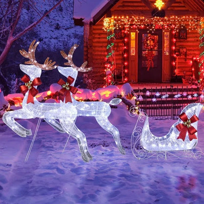 3-piece lighted Christmas outdoor decoration set with 2 LED-lit reindeer and sleigh, weatherproof with festive bows and white lights