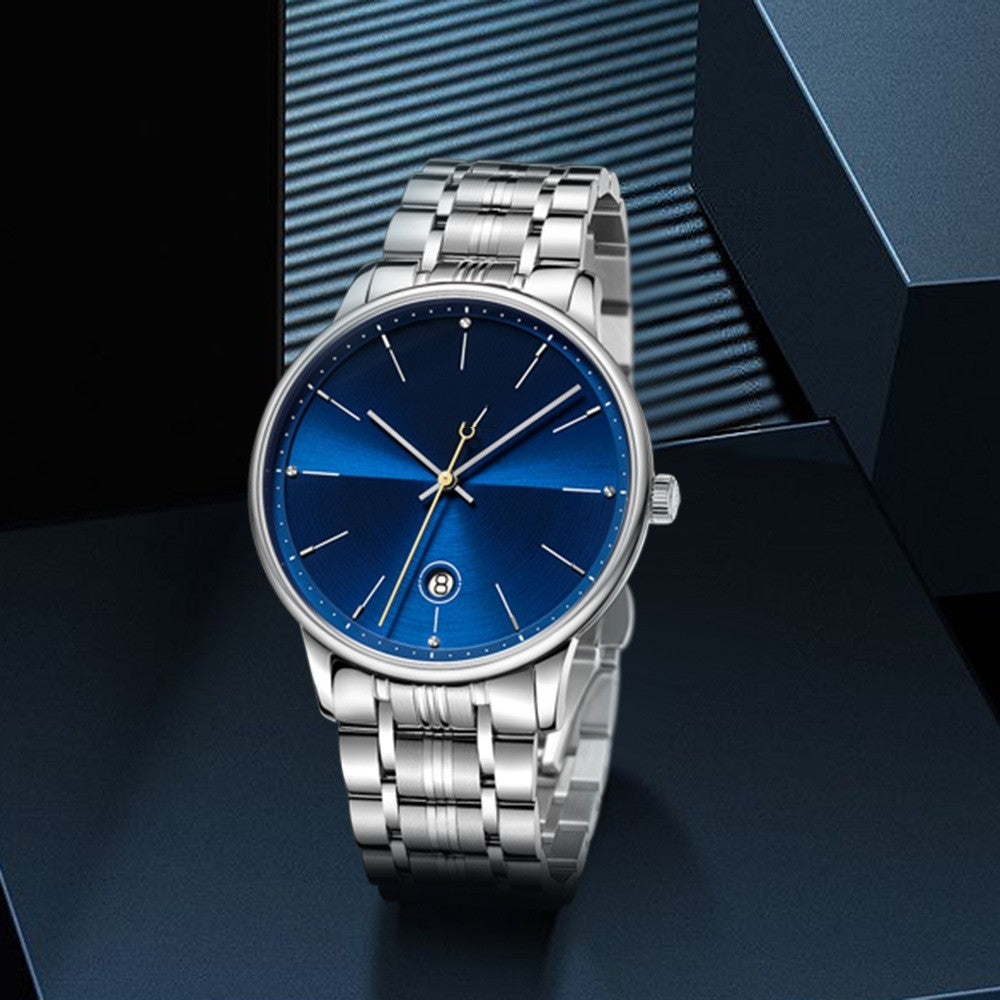 Men's mechanical watch with hollow movement, blue dial, stainless steel band, sapphire crystal, and 50m waterproof design