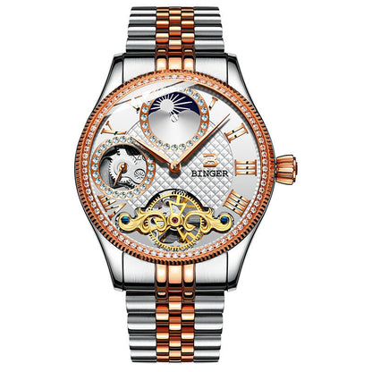 Men's automatic mechanical skeleton watch with stainless steel band and rose gold accents, waterproof, sapphire crystal dial
