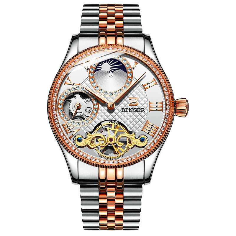 Men's automatic mechanical skeleton watch with stainless steel band and rose gold accents, waterproof, sapphire crystal dial
