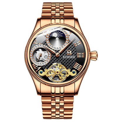 Men's automatic mechanical skeleton watch with rose gold stainless steel band and black dial