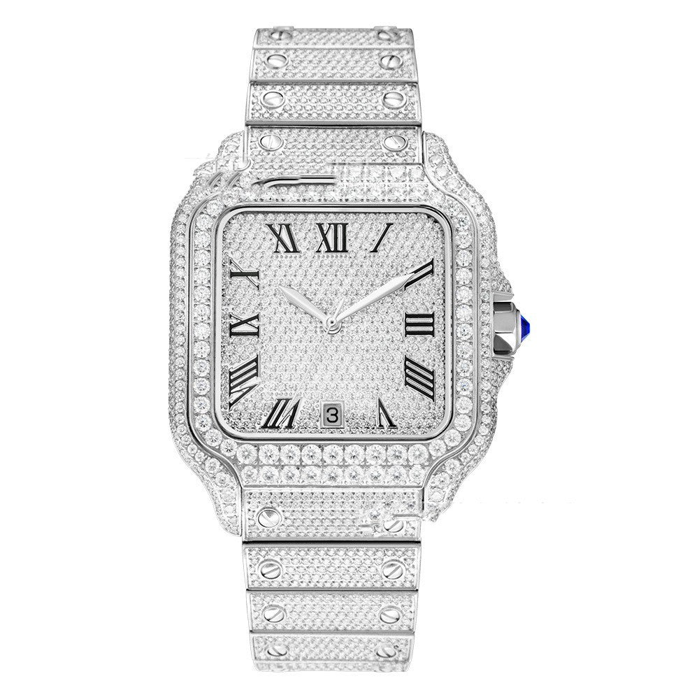 Clarity Moissanite Watch men's stainless steel silver diamond-studded luxury timepiece