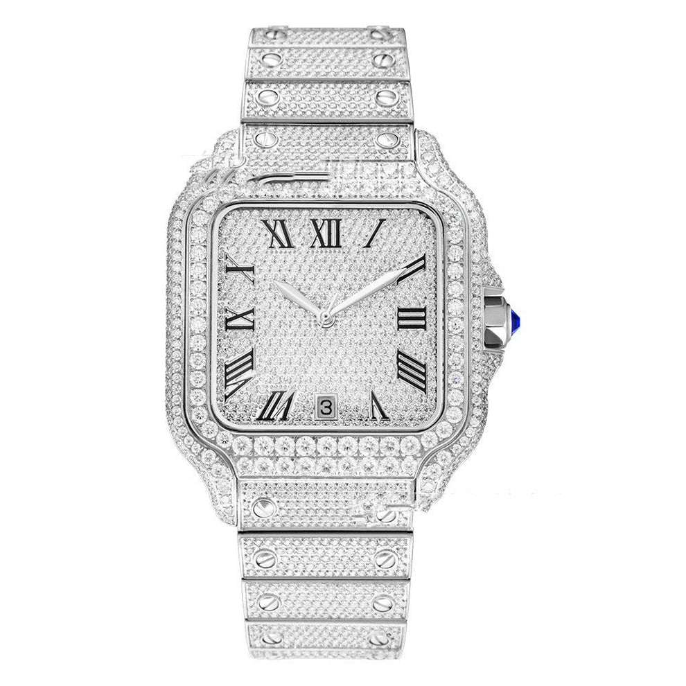 Clarity Moissanite Watch men's stainless steel silver diamond-studded luxury timepiece