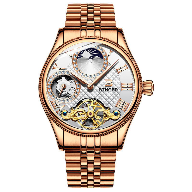 Men's automatic mechanical skeleton watch with rose gold stainless steel band and diamond accents