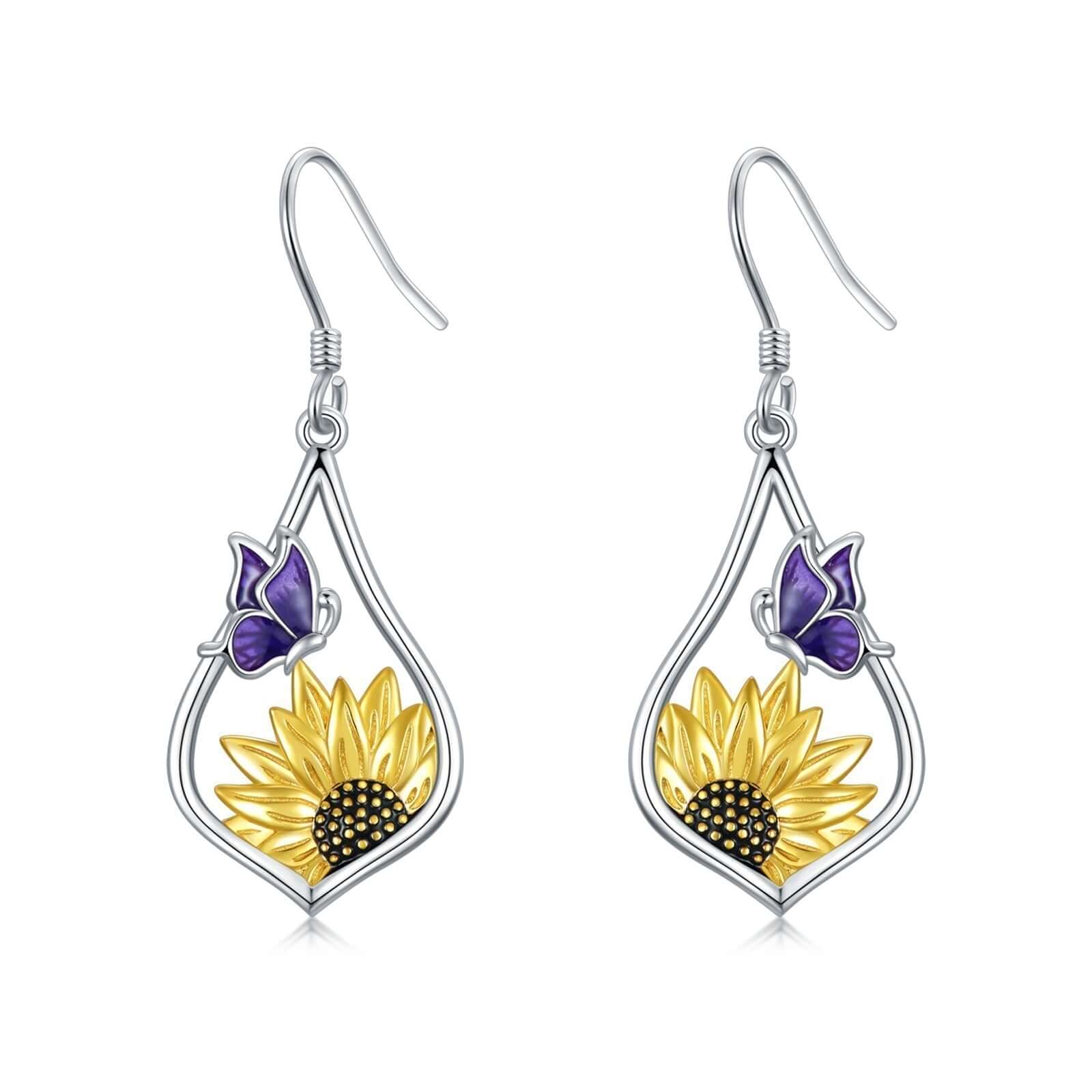 Sterling silver sunflower earrings with purple butterfly dangle design for women