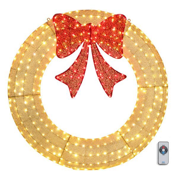 60in pre-lit outdoor Christmas wreath with 400 warm white LED lights, gold metal frame, and large red bow with remote control