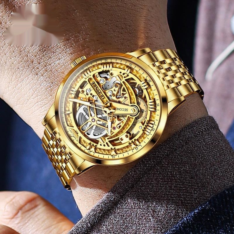 Automatic mechanical men's watch with gold steel band and skeleton dial, high-end luxury design