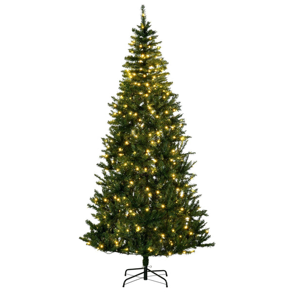 7.5 feet prelit artificial Christmas tree with warm white LED lights and full green branches on sturdy base